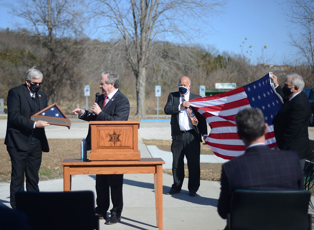 Gov. Mike Parson, Director of the Department of Resource Carol Comer and the presiding commissioners of Boone Callaway and Cole counties dedicated a statue celebrating the bicentennial year of the three counties